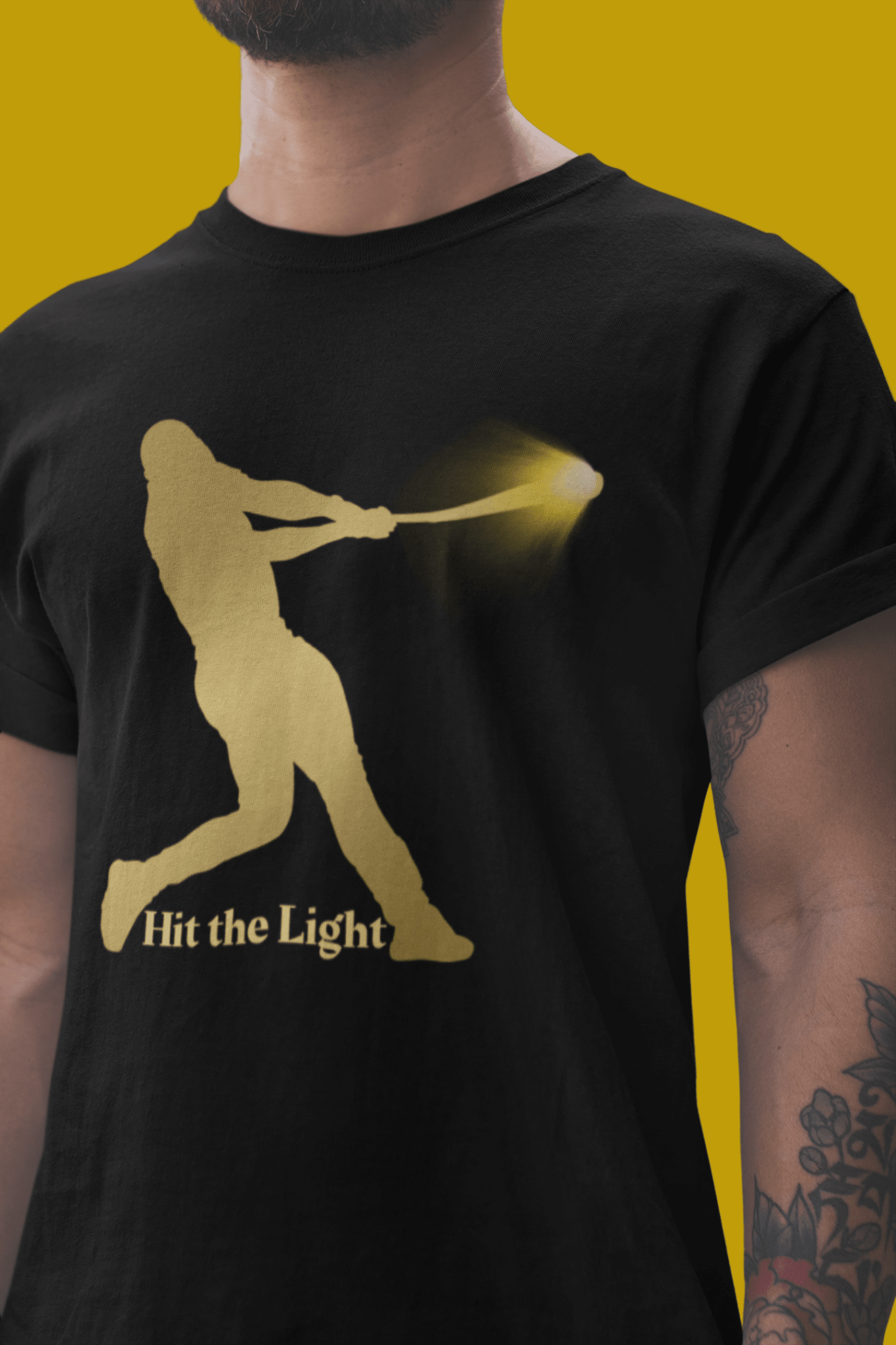 Adult Unisex Male Baseball Batter Silhouette T-Shirt — "Hit the Light" Gold or Black images